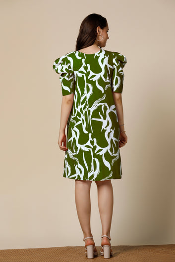 Womens Green Delta Abstract Printed Knee Length Western Dress