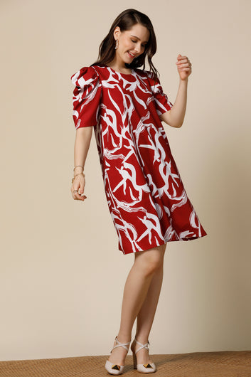 Womens Maroon Delta Abstract Printed Knee Length Western Dress