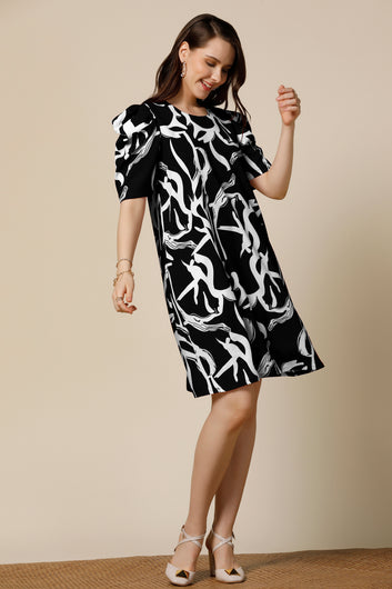 Womens Black Delta Abstract Printed Knee Length Western Dress