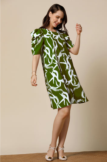 Womens Green Delta Abstract Printed Knee Length Western Dress