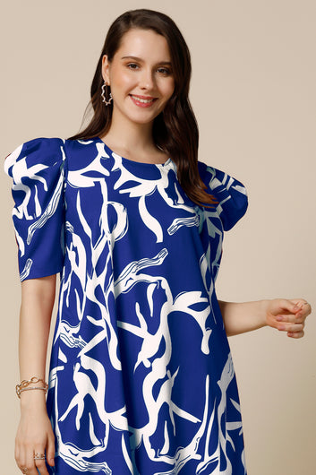 Womens Blue Delta Abstract Printed Knee Length Western Dress