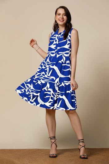 Womens Blue Cotton Blend Abstract Printed Knee Length Western Dress