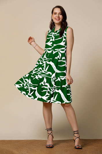 Womens Green Cotton Blend Abstract Printed Knee Length Western Dress