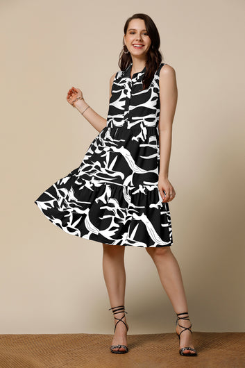 Womens Black Cotton Blend Abstract Printed Knee Length Western Dress