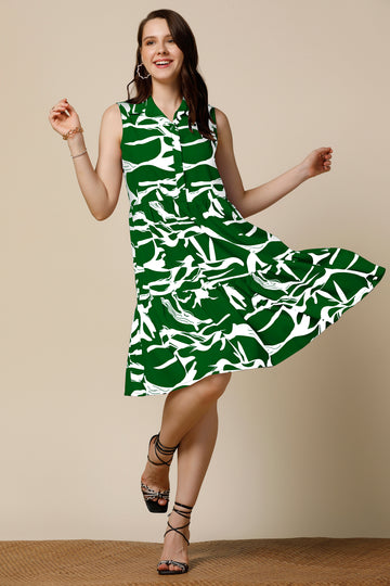 Womens Green Cotton Blend Abstract Printed Knee Length Western Dress