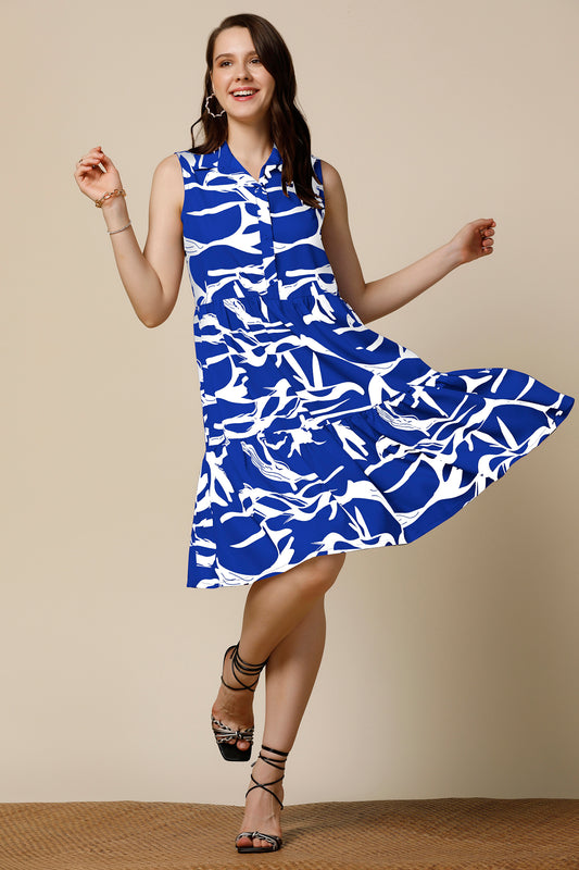 Womens Blue Cotton Blend Abstract Printed Knee Length Western Dress