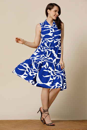 Womens Blue Cotton Blend Abstract Printed Knee Length Western Dress