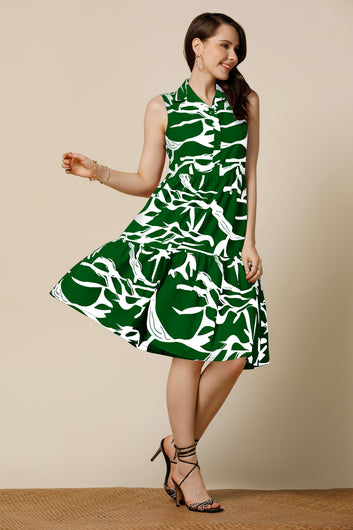 Womens Green Cotton Blend Abstract Printed Knee Length Western Dress