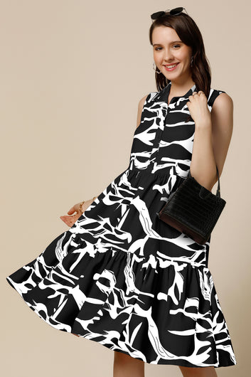 Womens Black Cotton Blend Abstract Printed Knee Length Western Dress