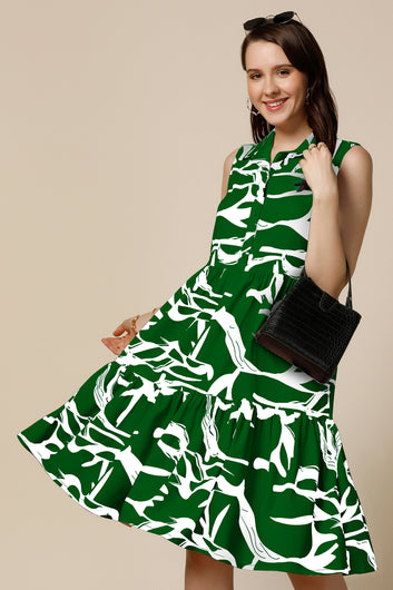 Womens Green Cotton Blend Abstract Printed Knee Length Western Dress