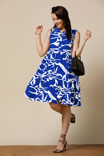 Womens Blue Cotton Blend Abstract Printed Knee Length Western Dress