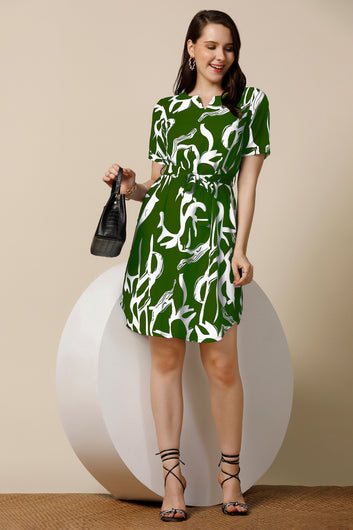 Womens Green Delta Abstract Printed Above Knee Length Western Dress