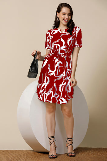 Womens Maroon Delta Abstract Printed Above Knee Length Western Dress