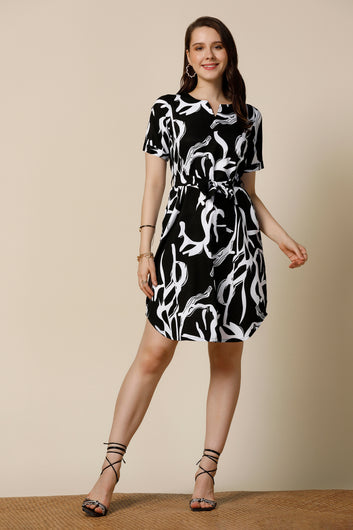 Womens Black Delta Abstract Printed Above Knee Length Western Dress