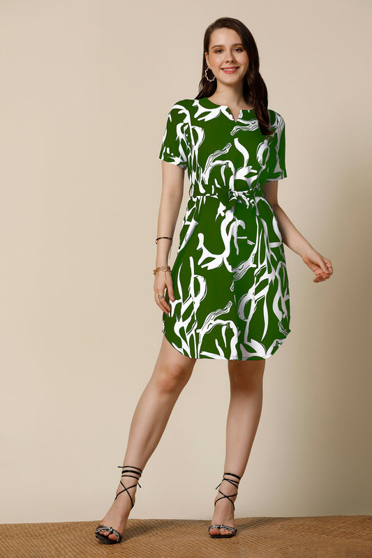 Womens Green Delta Abstract Printed Above Knee Length Western Dress