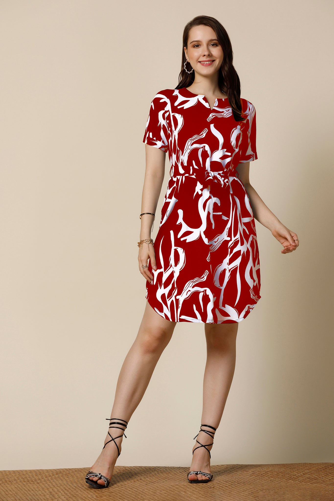 Womens Maroon Delta Abstract Printed Above Knee Length Western Dress