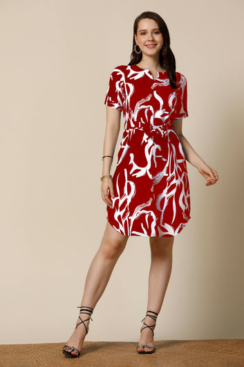 Womens Maroon Delta Abstract Printed Above Knee Length Western Dress