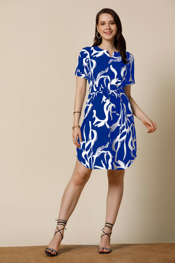 Womens Blue Delta Abstract Printed Above Knee Length Western Dress