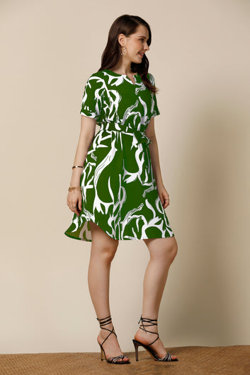 Womens Green Delta Abstract Printed Above Knee Length Western Dress