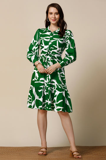 Womens Green Delta Abstract Printed Knee Length Western Dress