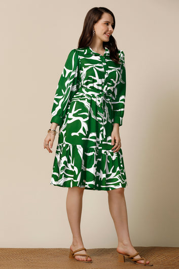 Womens Green Delta Abstract Printed Knee Length Western Dress