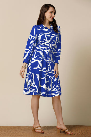 Womens Blue Delta Abstract Printed Knee Length Western Dress