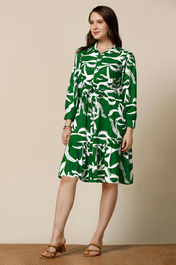 Womens Green Delta Abstract Printed Knee Length Western Dress