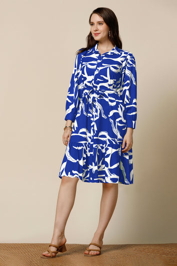 Womens Blue Delta Abstract Printed Knee Length Western Dress