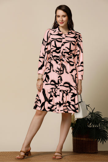 Womens Peach Delta Abstract Printed Knee Length Western Dress