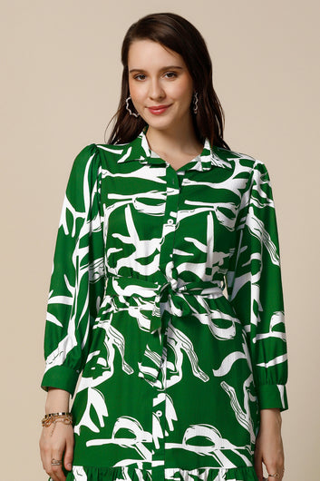 Womens Green Delta Abstract Printed Knee Length Western Dress