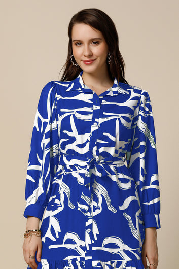 Womens Blue Delta Abstract Printed Knee Length Western Dress