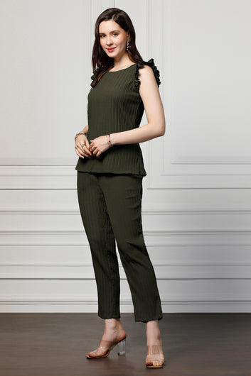 Womens Olive Cotton Blend Solid Top With Trouser Set