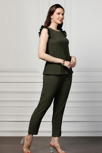 Womens Olive Cotton Blend Solid Top With Trouser Set