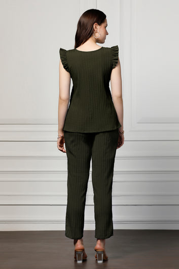 Womens Olive Cotton Blend Solid Top With Trouser Set