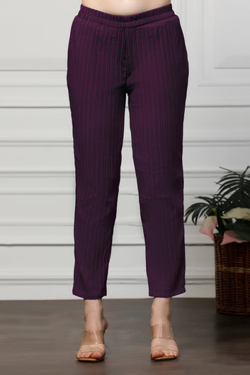 Womens Dark Purple Cotton Blend Solid T-shirt And Shirt With Trouser Set