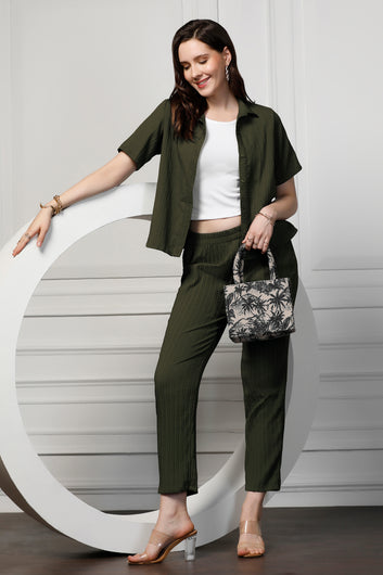 Womens Olive Cotton Blend Solid T-shirt And Shirt With Trouser Set