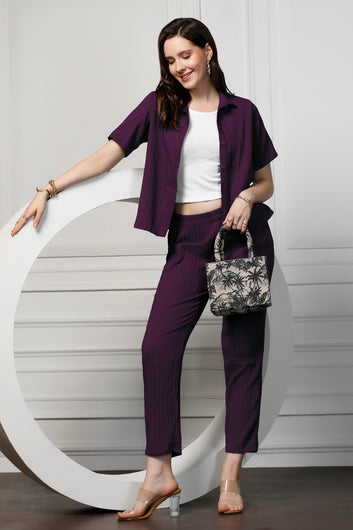 Womens Dark Purple Cotton Blend Solid T-shirt And Shirt With Trouser Set