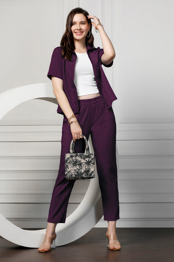 Womens Dark Purple Cotton Blend Solid T-shirt And Shirt With Trouser Set