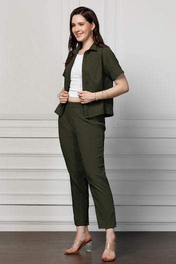 Womens Olive Cotton Blend Solid T-shirt And Shirt With Trouser Set