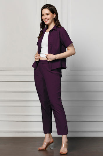 Womens Dark Purple Cotton Blend Solid T-shirt And Shirt With Trouser Set