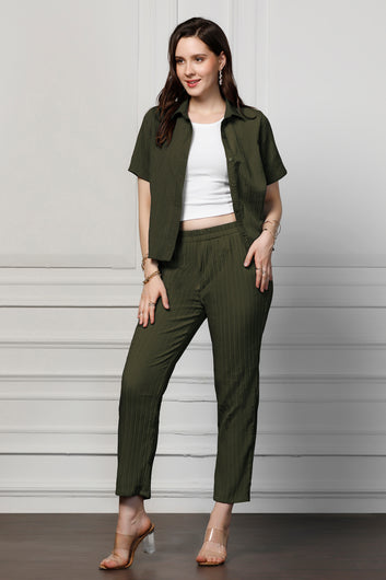 Womens Olive Cotton Blend Solid T-shirt And Shirt With Trouser Set