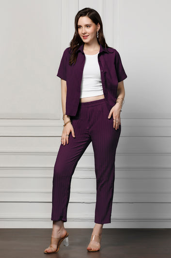 Womens Dark Purple Cotton Blend Solid T-shirt And Shirt With Trouser Set