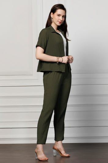 Womens Olive Cotton Blend Solid T-shirt And Shirt With Trouser Set