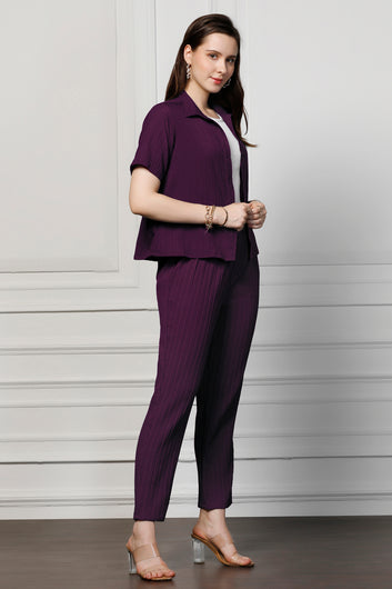 Womens Dark Purple Cotton Blend Solid T-shirt And Shirt With Trouser Set