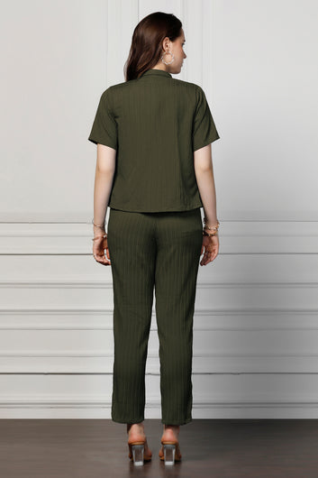 Womens Olive Cotton Blend Solid T-shirt And Shirt With Trouser Set