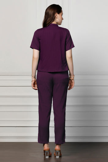 Womens Dark Purple Cotton Blend Solid T-shirt And Shirt With Trouser Set