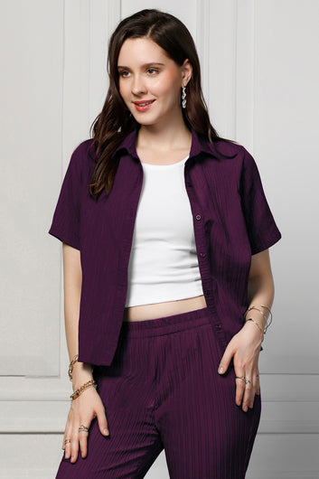 Womens Dark Purple Cotton Blend Solid T-shirt And Shirt With Trouser Set