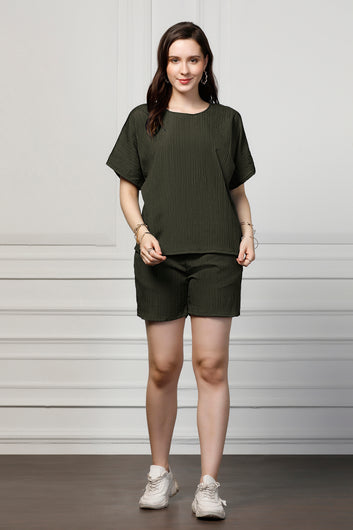 Womens Olive Cotton Blend Solid Top With Shorts Set