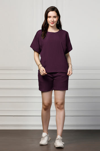 Womens Dark Purple Cotton Blend Solid Top With Shorts Set