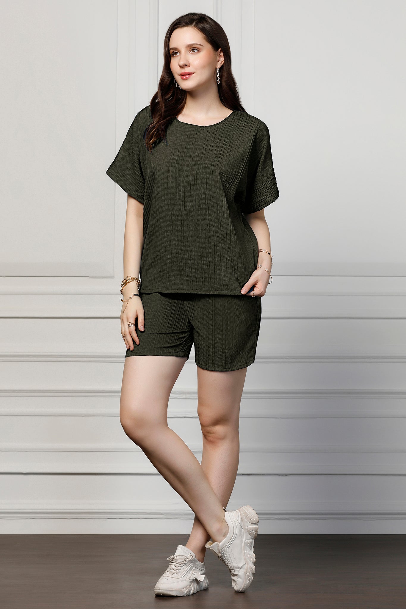 Womens Olive Cotton Blend Solid Top With Shorts Set